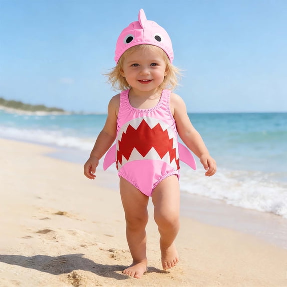 Toddler Baby Girls Cute 3D Cartoon Shark One Piece Swimsuit Sleeveless High Elastic Beach Bathing Suit 1-4Y Pink