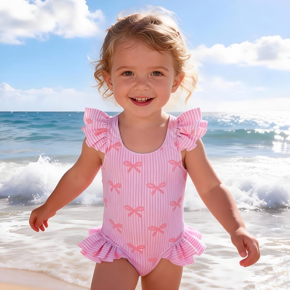 Toddler Baby Girls Cute Bow Knot One Piece Swimsuit Ruffle Princess Flounce Skirted Bathing Suit Kids Pink