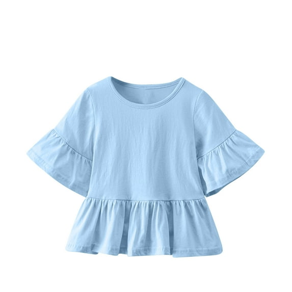 Toddler Baby Girls Cute Shirts Kids Bell Sleeve Tops Basic Solid Color Ruffle Short Sleeve T-Shirt Casual Peplum Crewneck Blouse Tees