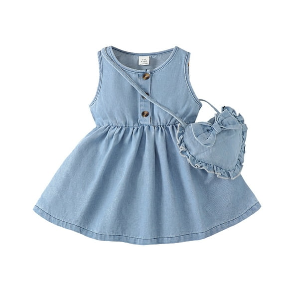 Toddler Baby Girls Denim Dress 12 Months Girls Dress 18 Months Girls Sleeveless Round Neckline Solid Color Dress with Bag Blue