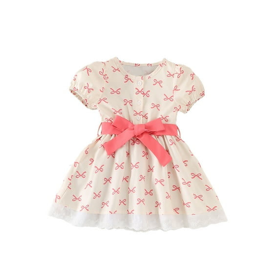 Toddler Baby Girls Dress 3 6 12 18 24 Months 2T 3T Bowknot Print Crew Neck Buttons Short Sleeve Casual Dress Baby Summer Princess Dress with Belt