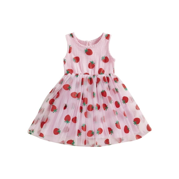 Toddler Baby Girls Dress 6 12 18 24 Months 2T 3T 4T Strawberry Print Round Neck Layered Tulle Sleeveless Casual Summer Princess Dresses