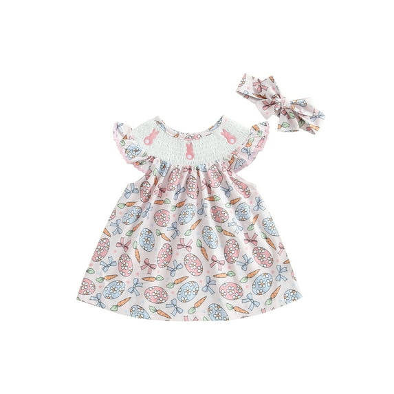 Toddler Baby Girls Dress 6 9 12 18 24 Months 2T 3T Rabbit/Easter Eggs Print Fly Sleeve Casual Dress Baby Princess Dress Easter Clothes with Headband