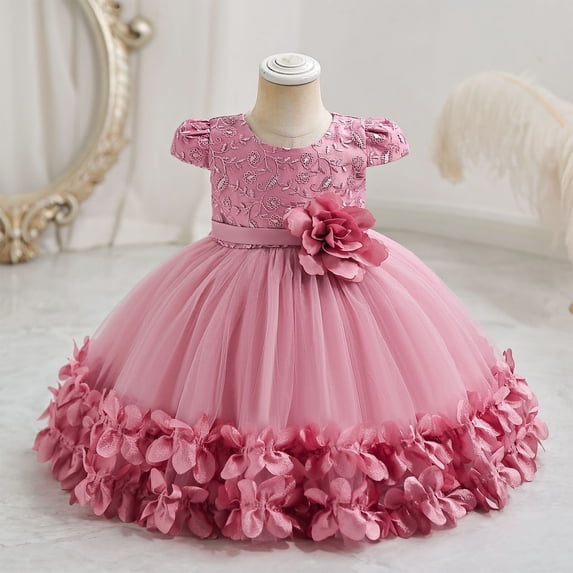 Toddler Baby Girls Dress Flower Embroidered Tulle Tutu Formal Wedding Dresses Short Sleeve Round Neck Birthday Party Pageant