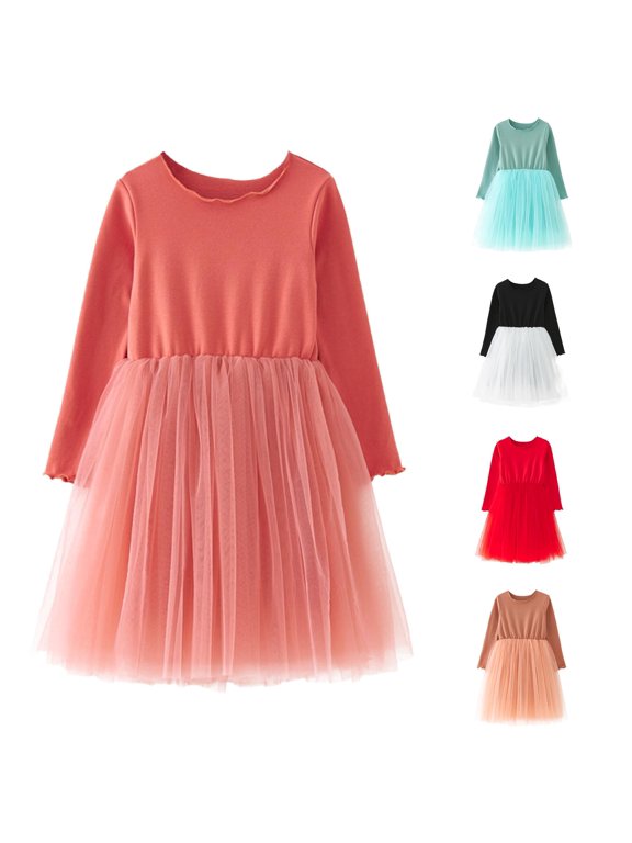 Toddler Baby Girls Dress Long Sleeve Crew Neck Tulle Patchwork Skater Dresses for Casual Vacation Outing Cute Princess Dress