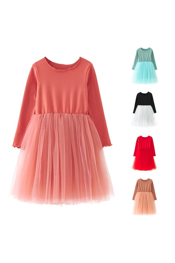 Toddler Baby Girls Dress Long Sleeve Crew Neck Tulle Patchwork Skater Dresses for Casual Vacation Outing Cute Princess Dress