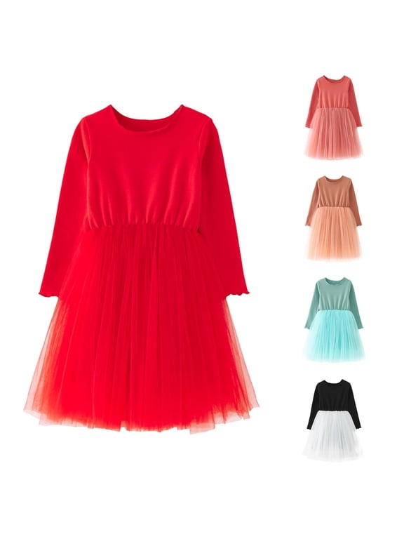 Toddler Baby Girls Dress Long Sleeve Crew Neck Tulle Patchwork Skater Dresses for Casual Vacation Outing Cute Princess Dress