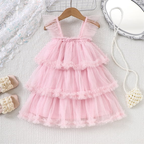 Toddler Baby Girls Print Layered Sleeveless Dress Kids Fashion Summer Casual Party Wear Tutu Swing OutfitPink2-3 Years