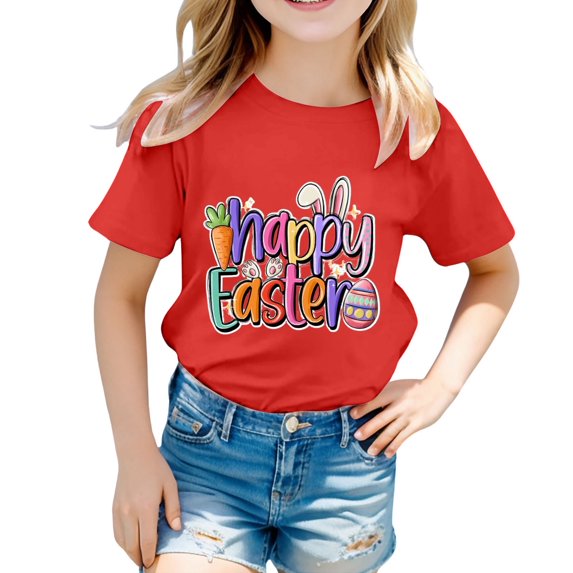 Toddler Baby Girls Easter Bunny Graphic Tee Round Neck Soft Cotton Short Sleeve Shirt Casual Wear for Spring and Summer Ideal for Everyday Outfits Red 12-13 Years