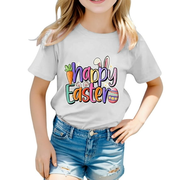 Toddler Baby Girls Easter Bunny Graphic Tee Round Neck Soft Cotton Short Sleeve Shirt Casual Wear for Spring and Summer Ideal for Everyday Outfits White 12-13 Years