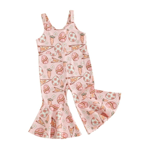 Toddler Baby Girls Easter Jumpsuit, Sleeveless Rabbits Eggs Print Long Flare Pants Romper