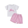 thumbnail image 1 of Toddler Baby Girls Easter Outfit 6 12 18 24 Months 2T 3T 4T Bunny Embroidery Short Sleeve T-Shirt and Elastic Striped Ruffled Shorts Clothing Set, 1 of 9