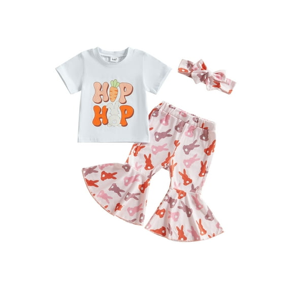 Toddler Baby Girls Easter Outfits 6 12 18 24 Months 2T 3T 4T Short Sleeve Letter Print T-Shirt Egg Pattern Flare Pants Bow Headband Clothing Sets
