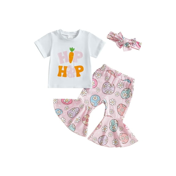Toddler Baby Girls Easter Outfits 6 12 18 24 Months 2T 3T 4T Short Sleeve Letter Print T-Shirt Egg Pattern Flare Pants Bow Headband Clothing Sets