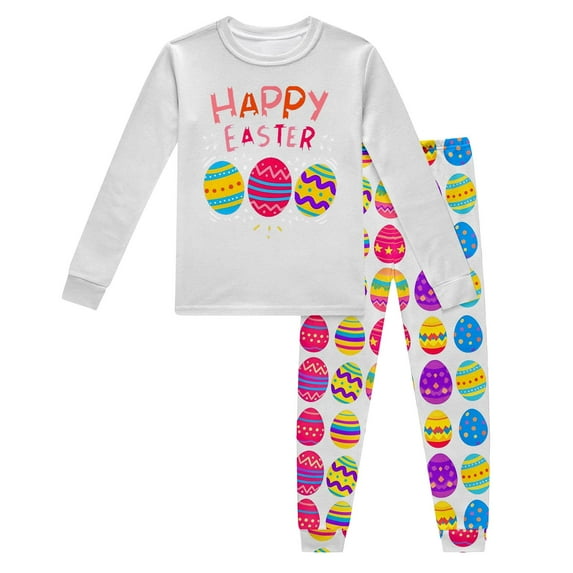 Toddler Baby Girls Easter Pajamas 2 Piece Easter Bunny Egg Print Long Sleeve Pants Lounge Set Sleepwear Easter Day Gift,Z4-White,7Y(7-8 Years)