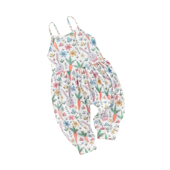 Toddler Baby Girls Easter Rompers Sleeveless Bunny Print Jumpsuits Suspender Pants Outfit