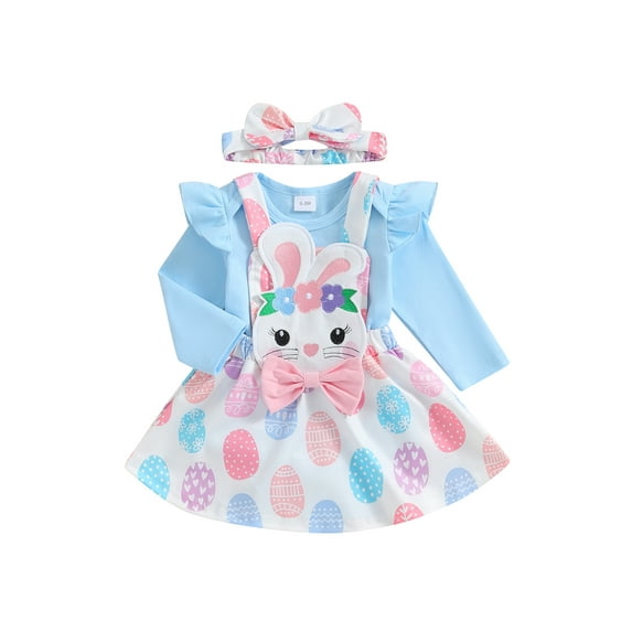 Toddler Baby Girls Easter Skirt Sets Long Sleeve Ruffle Romper Tops Bunny Easter Egg Suspender Skirt Headband Sets
