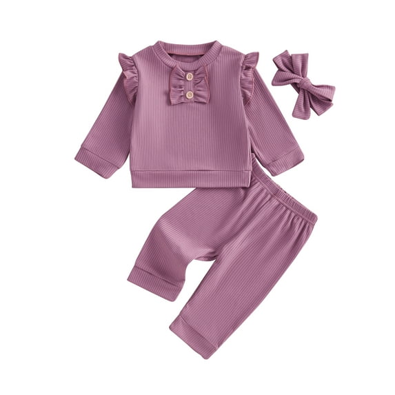 Toddler Baby Girls Fall Clothing Set 0 6 12 18 24 Months 2T 3T Solid Color Long Sleeve Round Neck Ruffled Tops Long Pants Headband 3-Piece Outfits