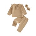 thumbnail image 1 of Toddler Baby Girls Fall Clothing Set 0 6 12 18 24 Months 2T 3T Solid Color Long Sleeve Round Neck Ruffled Tops Long Pants Headband 3-Piece Outfits, 1 of 9