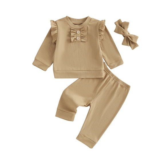 Toddler Baby Girls Fall Clothing Set 0 6 12 18 24 Months 2T 3T Solid Color Long Sleeve Round Neck Ruffled Tops Long Pants Headband 3-Piece Outfits