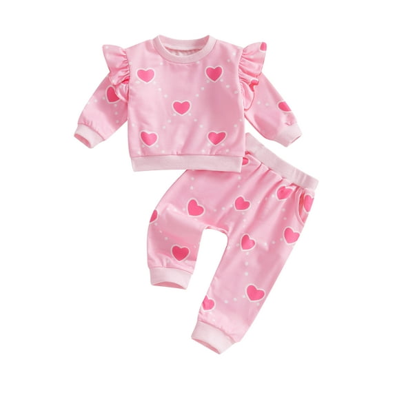 Toddler Baby Girls Fall Clothing Sets 0 6 12 18 24 Months 2T 3T Heart Print Ruffled Long Sleeve Round Neck Sweatshirt Pocket Long Pants Outfits