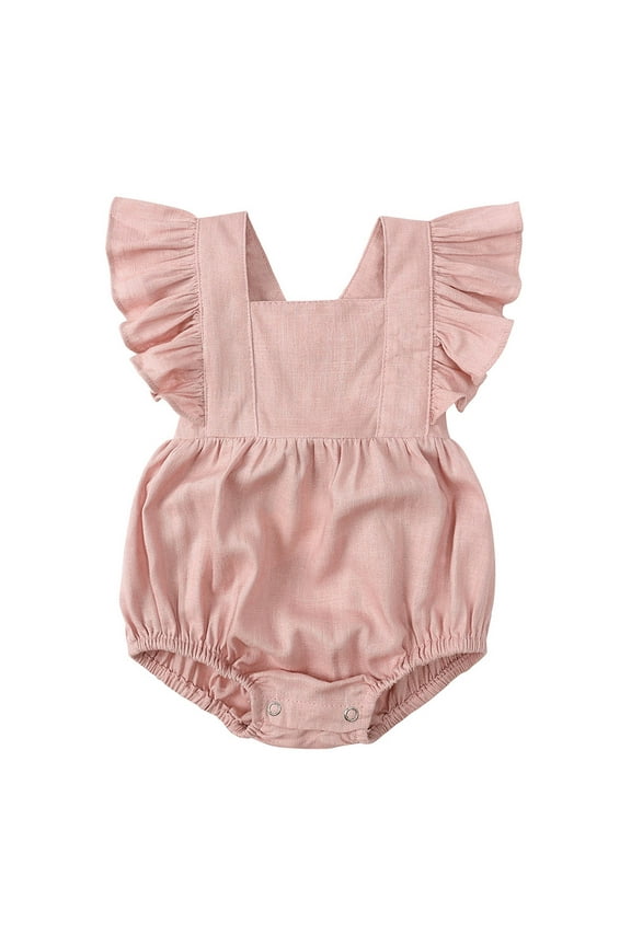 Toddler Baby Girls Fashion Cute Solid Color Cotton Linen Ruffles Backless Jumpsuit Romper Summer Baby Clothes Bodysuits Pink,12-24 Months