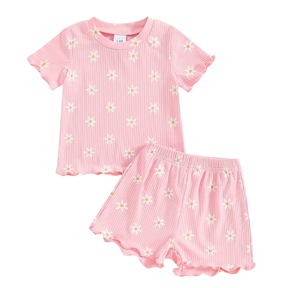 Toddler Baby Girls Floral Clothes Ruffle Ribbed Knit T-Shirt +Shorts Short Sleeves Sweatshirt Cute New Born Summer Clothes