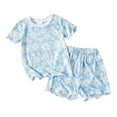 thumbnail image 1 of Toddler Baby Girls Floral Clothes Ruffle Ribbed Knit T-Shirt +Shorts Short Sleeves Sweatshirt Cute New Born Summer Clothes, 1 of 4