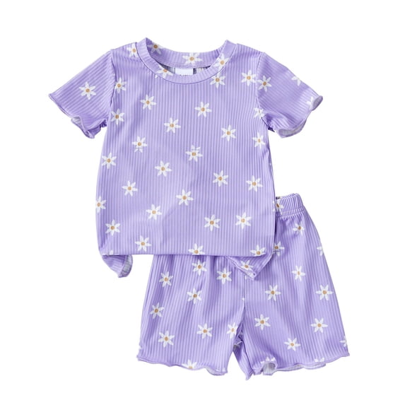 Toddler Baby Girls Floral Clothes Ruffle Ribbed Knit T-Shirt +Shorts Short Sleeves Sweatshirt Cute New Born Summer Clothes