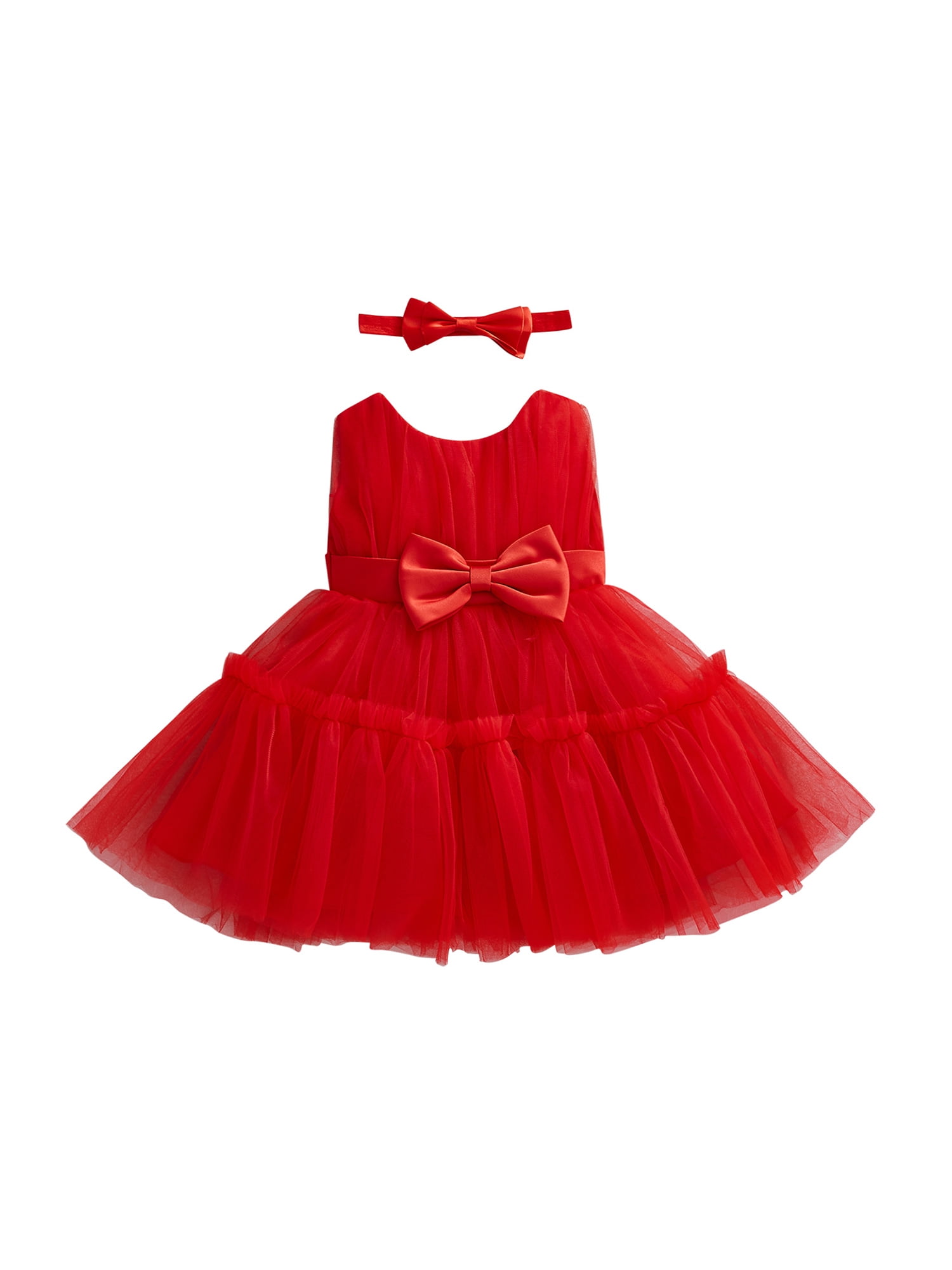 Toddler Baby Girls Formal Long Dress, Solid Color Sleeveless Ruffled Mesh  Bowknot Dress+Headband 