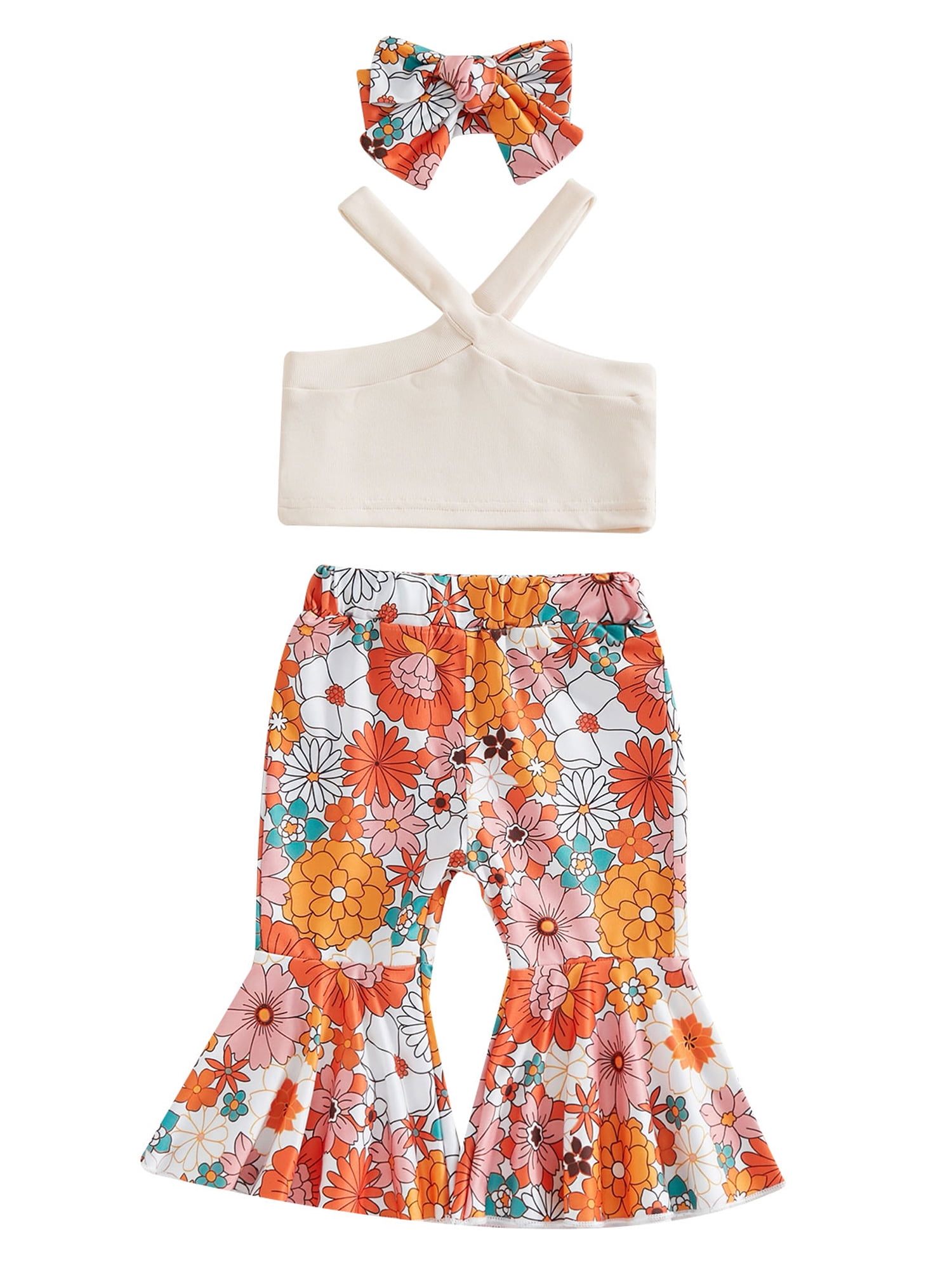 Toddler Baby Girls Groovy Outfit Cross Straps Tank Top and Floral Bell  Bottom Pants Outfit Set Summer Clothes