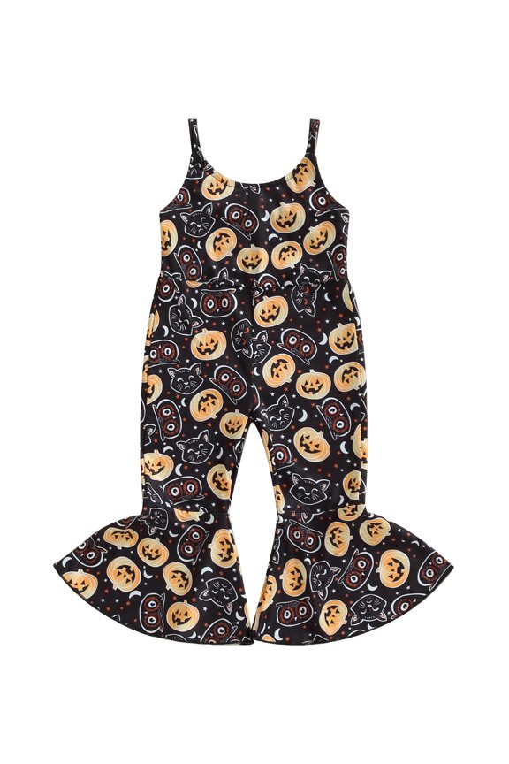 Toddler Baby Girls Halloween Jumpsuit Sleeveless Sling Bell-Bottoms Pumpkin Spider Romper Overalls Suspender Pants