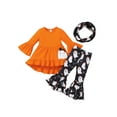 thumbnail image 1 of Toddler Baby Girls Halloween Outfits Ghost Print Flare Sleeve Dress Shirt Bell-Bottoms Pants Scarf 3Pcs Fall Clothes, 1 of 8