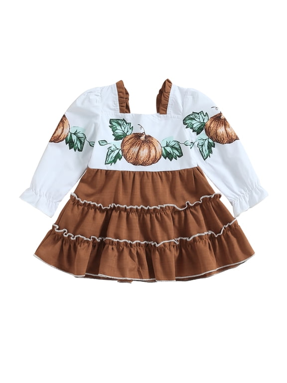 Toddler Baby Girls Halloween Thanksgiving Outfit Pumpkin Long Sleeve Frill Trim Dress Fall Winter Dress