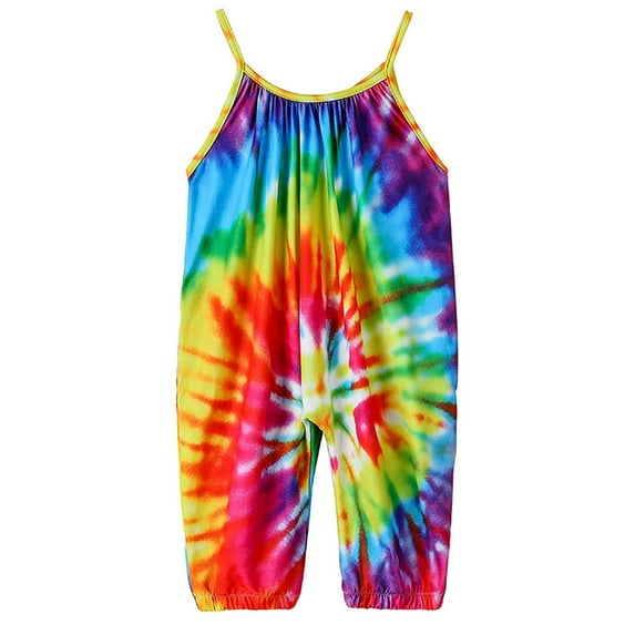 Toddler Baby Girls Halter Backless Tie Dye Romper Baby Kid Sleeveless Jumpsuit Pants Clothes with Pocket Size 1-6T