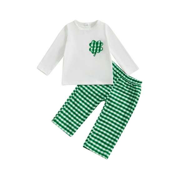 Toddler Baby Girls Irish Day Clothing Sets 6 12 18 24 Months 2T 3T Long Sleeve O Neck Clover Embroidery Tops Plaid Pants Outfits