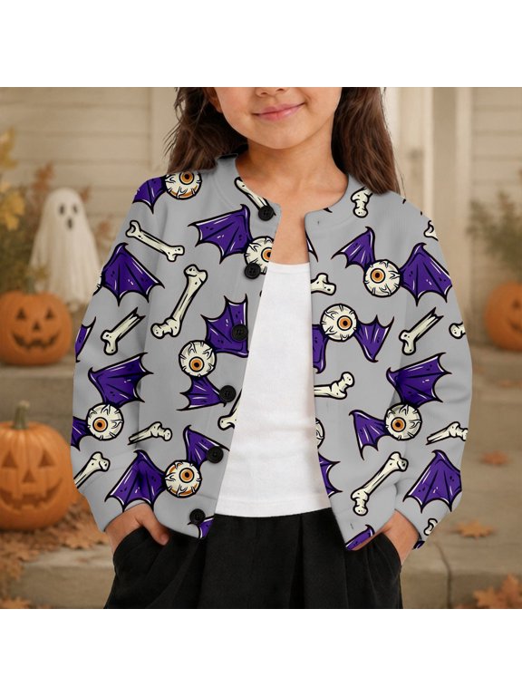 Toddler Baby Girls Jacket Halloween Bat Bone Cardigan Long Sleeve Button Down Soft Warm Cozy Knit Outerwear Lightweight Coat 12-18M