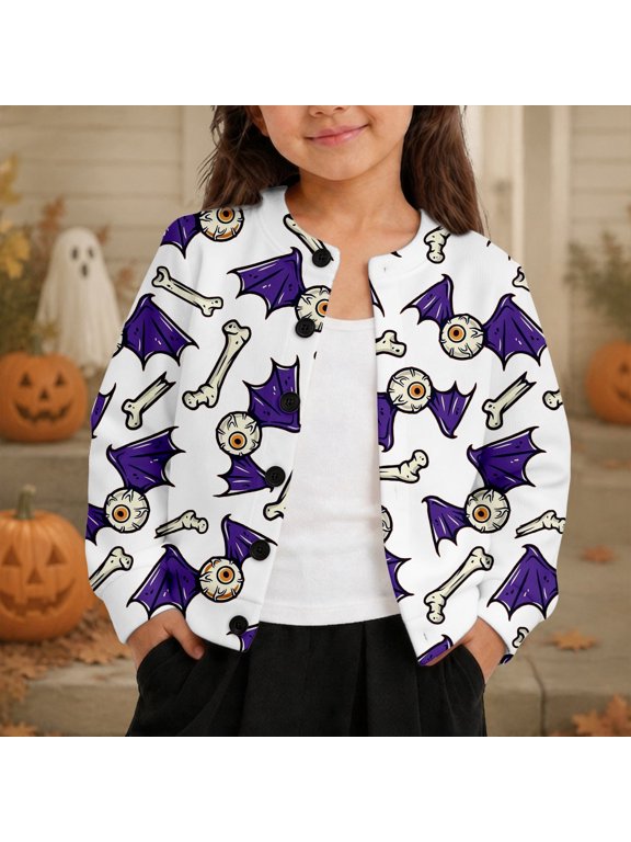 Toddler Baby Girls Jacket Halloween Bat Bone Cardigan Long Sleeve Button Down Soft Warm Cozy Knit Outerwear Lightweight Coat 12-18M