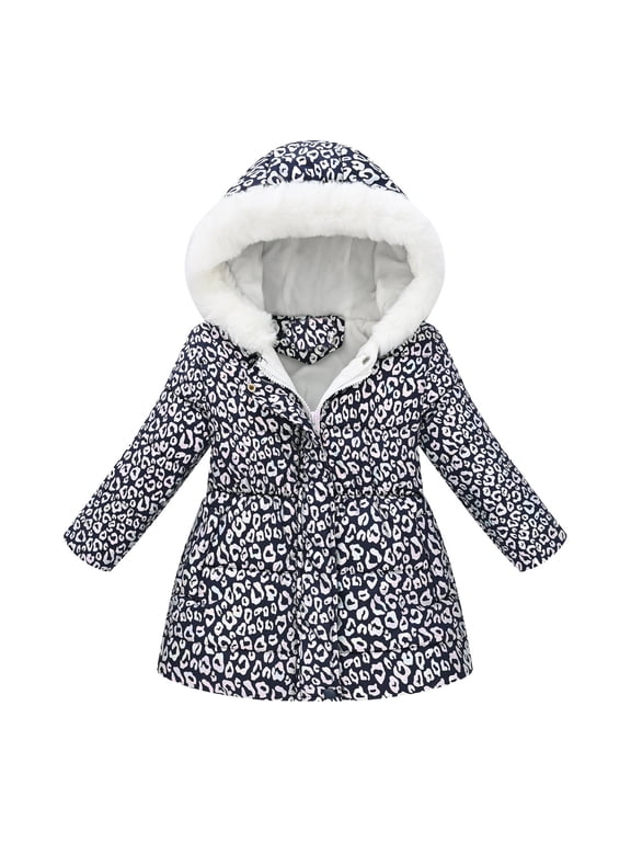 Toddler Baby Girls Jacket Leopard Print Puffer Coat Fleece Long Sleeve Zip Up Warm Cozy Windproof Faux Fur Hood Outerwear Lightweight Coat 2-3T