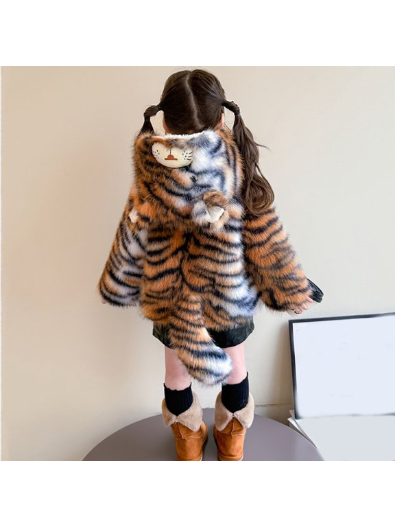 Toddler Baby Girls Kids Tiger Print Teddy Jacket Long Sleeve Zip Up Warm Cozy Hooded Versatile Classic Outerwear Windproof Coat 4-5T