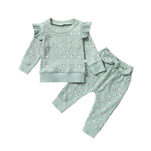 Toddler Baby Girls Knit Long Sleeve T Shirt Ribbed Sweatshirt Top Floral Pants Tracksuit Clothes