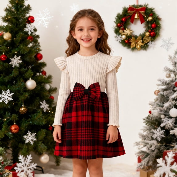 Toddler Baby Girls Knit Top Plaid Skirt Dress with Ruffle Sleeve 2-3 Years