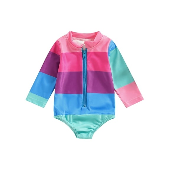 Toddler Baby Girls One Piece Swimsuits Kids Girls Long Sleeve Ruffle Zip Up Contrast Color Jumpsuit Rash Guard Beach Bathing Suit 1-5Y