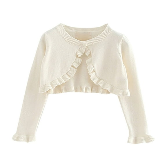 Toddler Baby Girls Open Front Shru𝐠 Cardigan Knit Long Sleeve Bolero with Button Closure Ruffle Cropped Sweaters