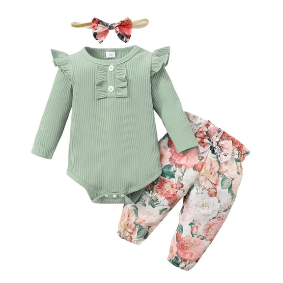 Toddler Baby Girls Outfits Baby Girls Fall Winter Clothes 12-18 Months Girls Long Sleeve Solid Color Romper Top Floral Pants Set with Headband Green