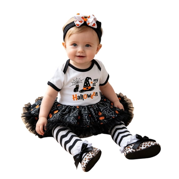 Toddler Baby Girls Outfits My First Halloween Letter Witch Hat Tutu Skirt Dress Set with Headband and Socks Clothes Set for Infants 3-6 Months