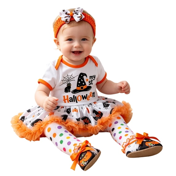 Toddler Baby Girls Outfits My First Halloween Letter Witch Hat Tutu Skirt Dress Set with Headband and Socks Clothes Set for Infants 6-12 Months