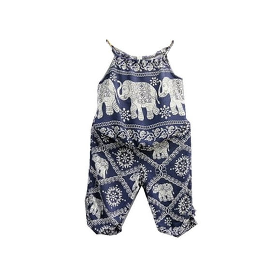 Toddler Baby Girls Outfits Set Kids Sleeveless Sling Tops Elephant Print T-Shirts Blue Calico Long Pants Sunsuit Clothes Set