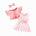 thumbnail image 1 of Toddler Baby Girls Outfits Sleeveless Floral Print Dress Ruffle Short Sleeve Coat Bow Headband Clothing sets, 1 of 4