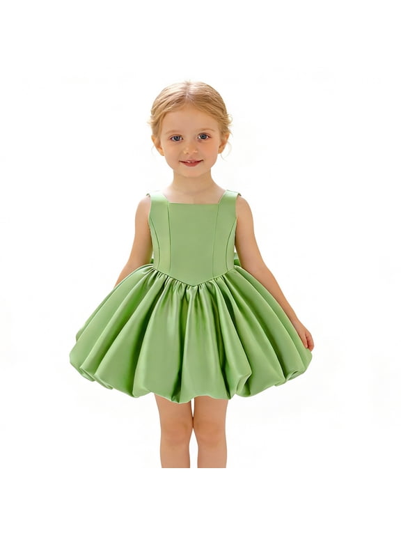 Toddler Baby Girls Party Dresses Solid Color Sleeveless Square Neckline Cute Ball Gown Dress